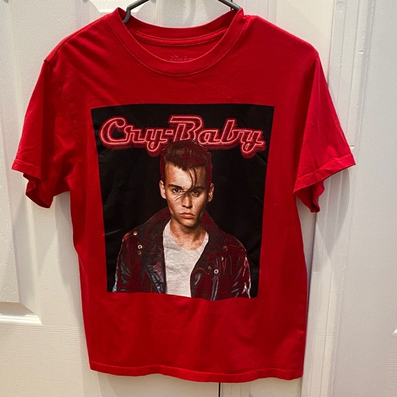 Tops - Red Graphic T-Shirt with Cry-Baby Image - Johnny Depp